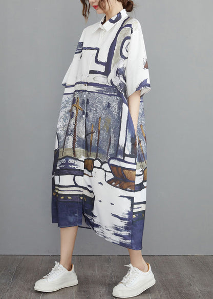 Grey Print Cotton Shirt Dresses Oversized Summer