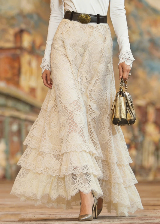 Elegant Beige Elastic Waist Lace Maxi Skirt Spring