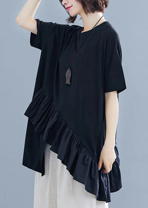 Women black cotton clothes For Women Ruffles asymmetric Midi summer blouses