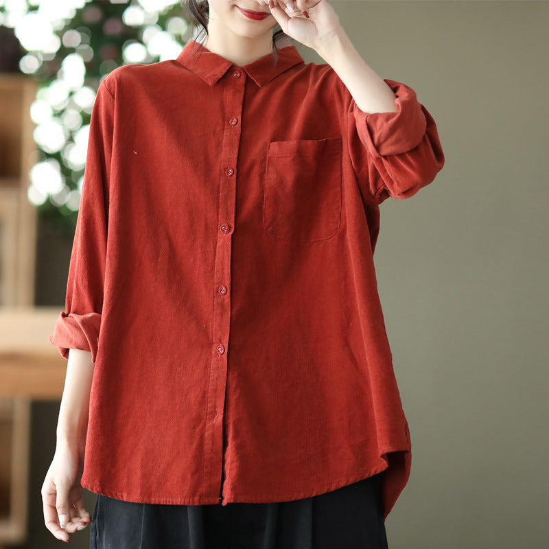 Women Spring Artsy Button Pocket Corduroy Solid T-shirt