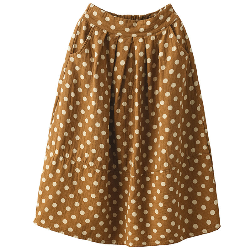 Vintage Printed Cotton And Linen Slim Elastic Waist A-Line Skirt