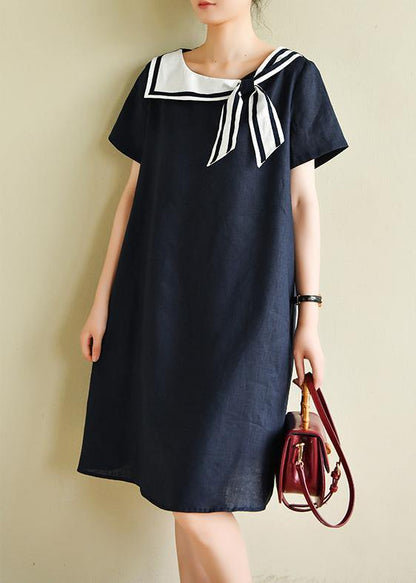 Casual navy style collar short sleeve mid-length dress
