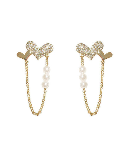 DIY Gold Copper Overgild Zircon Pearl Love Tassel Hoop Earrings