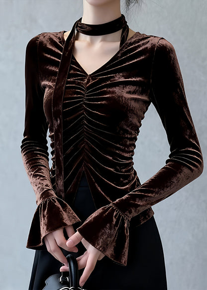 Sexy Coffee V Neck Wrinkled Silk Velour Top Flare Sleeve