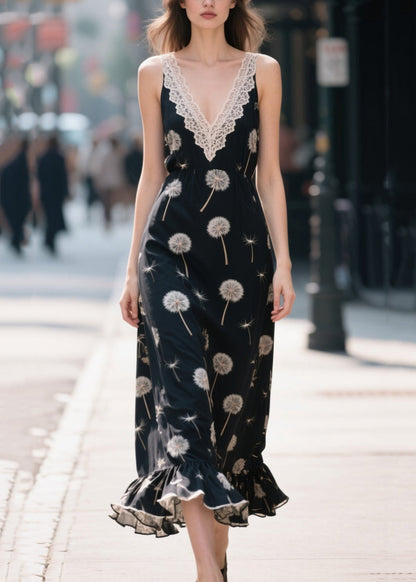 Plus Size Black Print Patchwork Chiffon Robe Dresses Summer