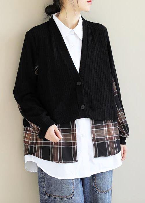 Women Lapel False Two Pieces Clothes Work Outfits Black Patchwork Top
