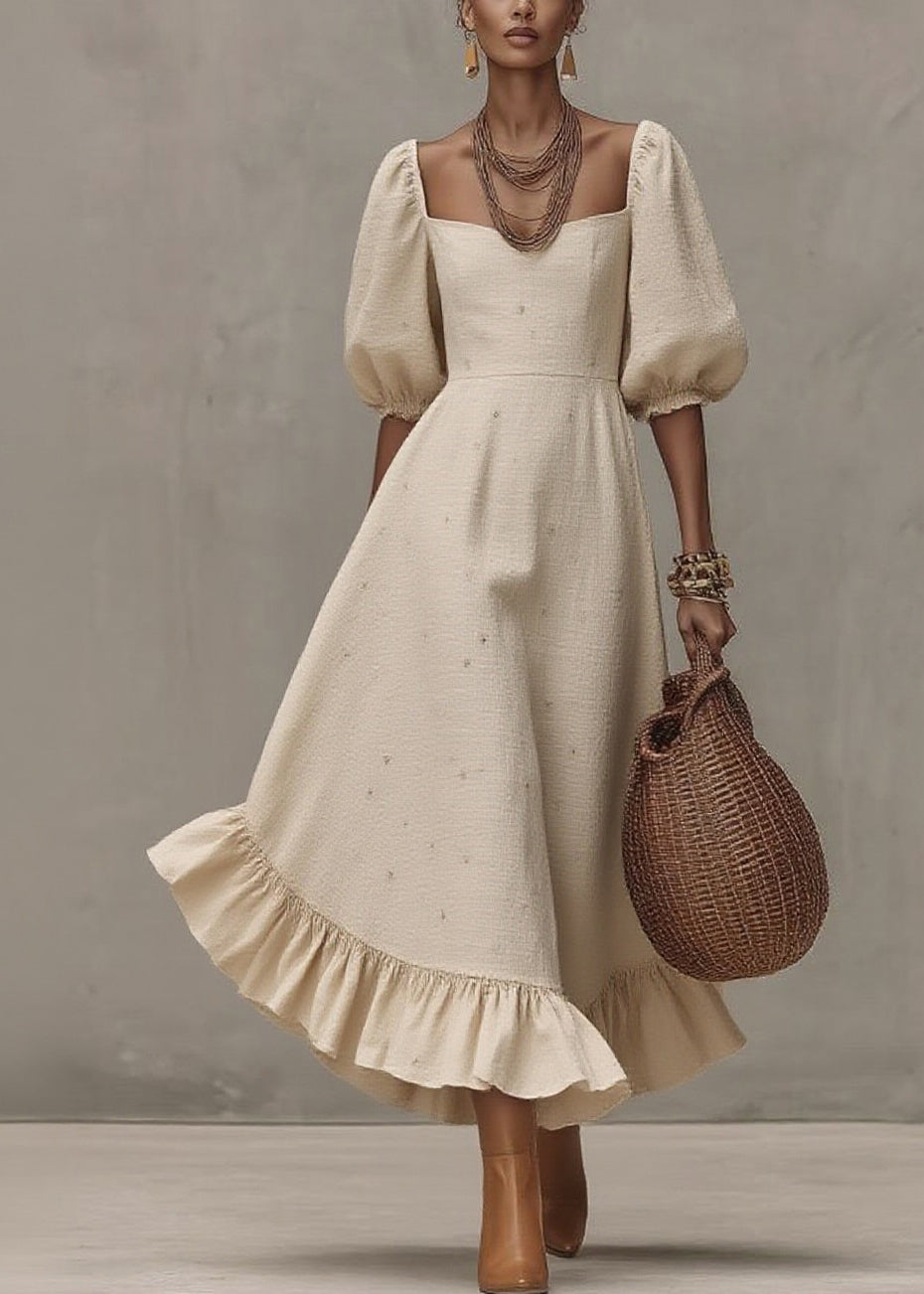 Loose Beige Square Collar Print Solid Long Dress Short Sleeve