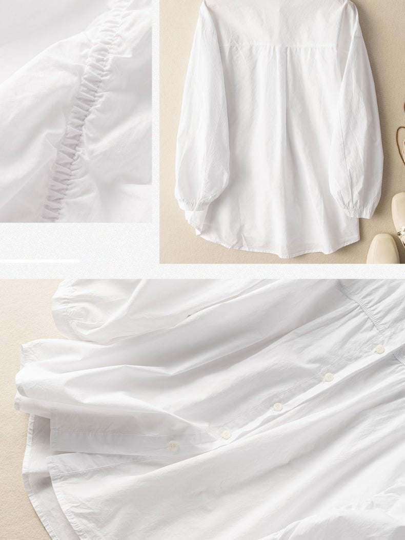 100% Natural Fabric Pleated Commuter Loose Shirt In White
