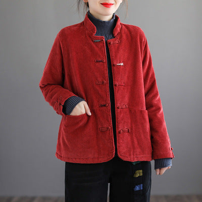 Stand Collar Corduroy Buckle Solid Stripe Thermal Jacket