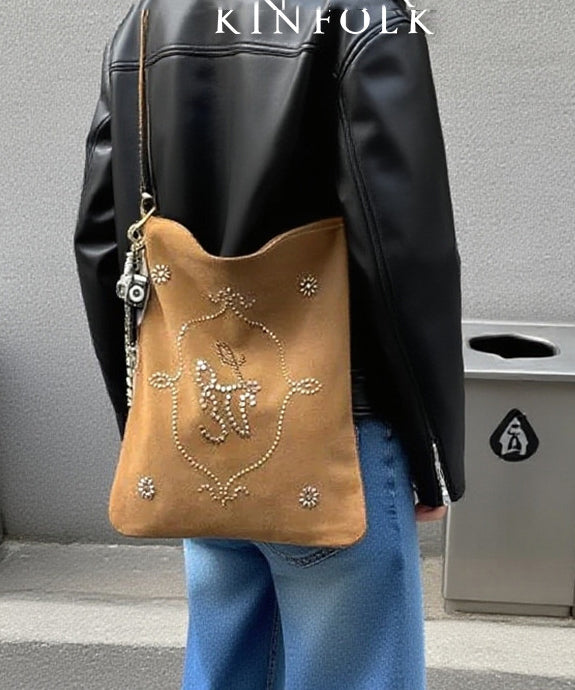 Boutique Light Camel Embroidered Large Capacity Suede Women Handbags