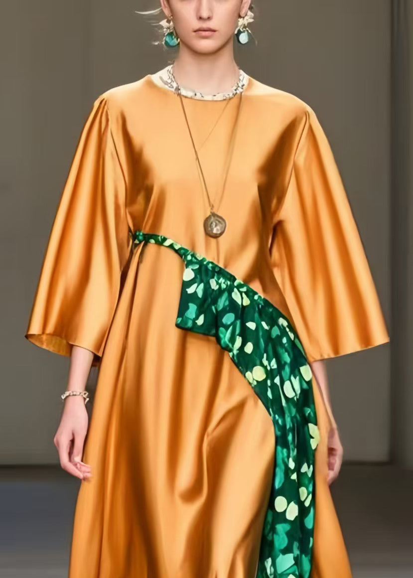 Boho Orange Oversized Print Silk Maxi Dresses Spring