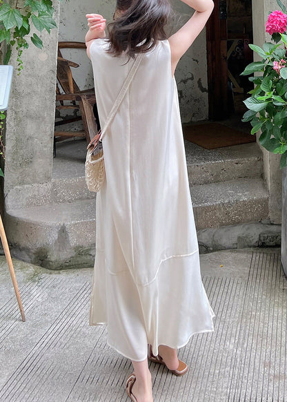 Elegant White O-Neck Side Open Silk Long Dress Sleeveless