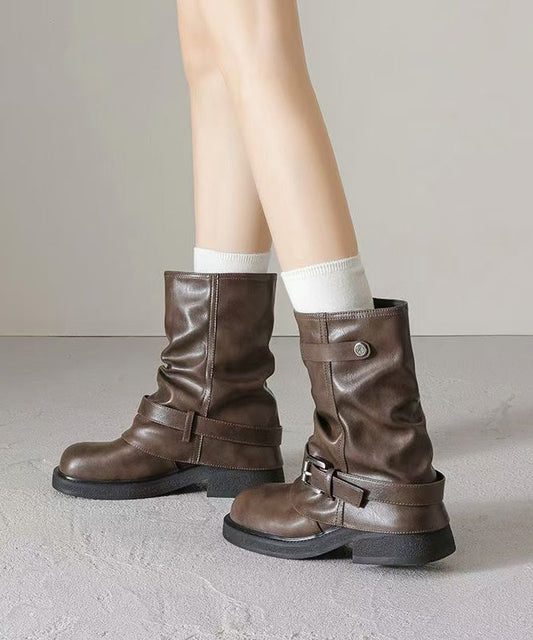 Brown Chunky Faux Leather Fashion Splicing Boots