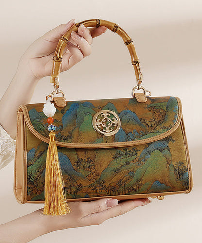 New Chinese Style Tassel Print Calf Leather Tote Bag