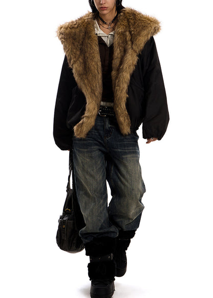 Italian Black Hooded Patchwork Faux Fur Cotton Filled Coat Winter