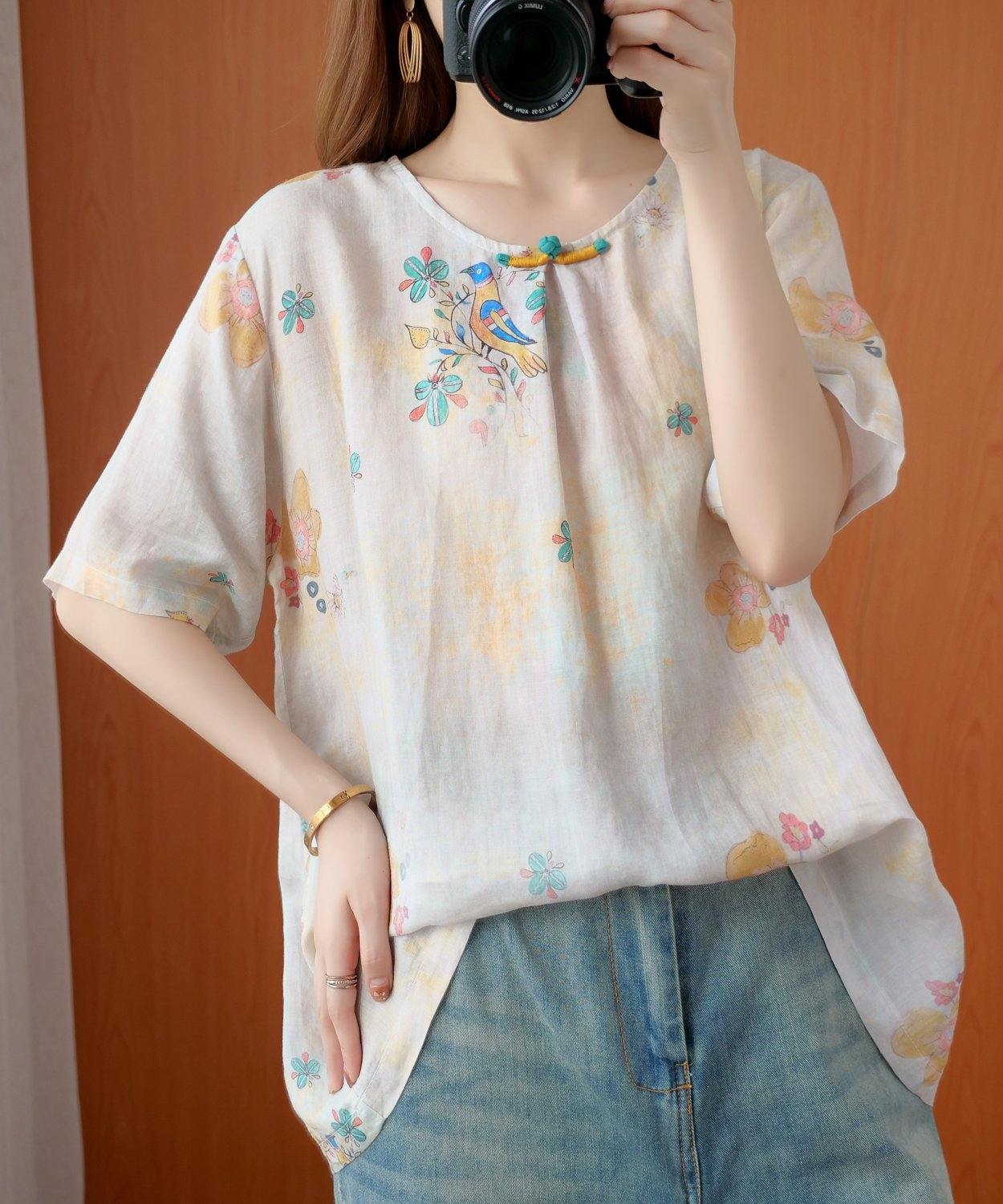 Women beige gray print women blouses o neck silhouette top