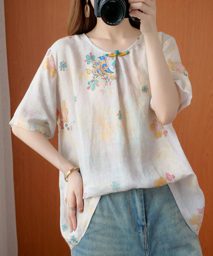 Women beige gray print women blouses o neck silhouette top