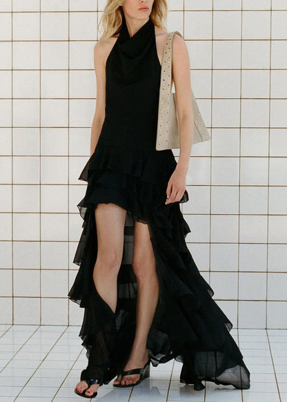Fashion Black Ruffled Low High Design Chiffon Dresses Sleeveless