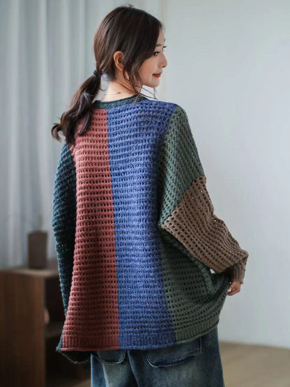 Women Plaid Hollow Out Long Sleeve Pullover Sweater