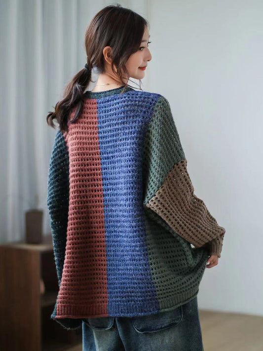 Women Plaid Hollow Out Long Sleeve Pullover Sweater