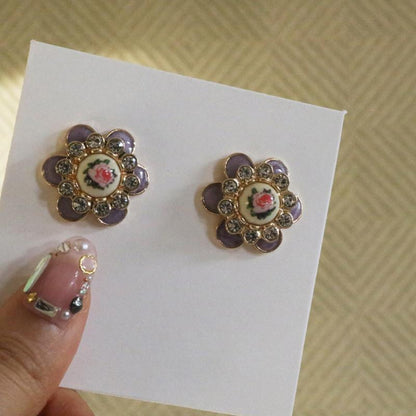 Women Rhinestone Retro Rose Earrings