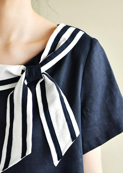 Casual navy style collar short sleeve mid-length dress