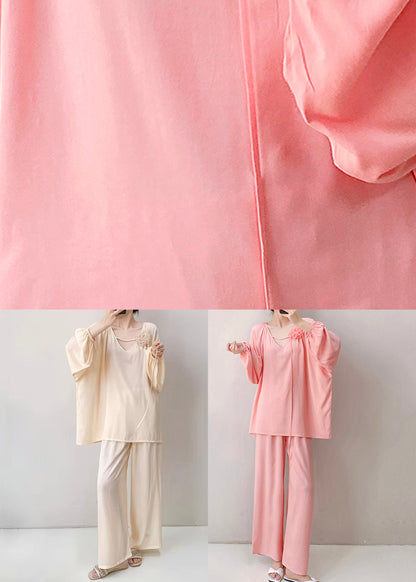 Loose Pink V Neck Floral Cotton Pajamas Two Piece Set Fall