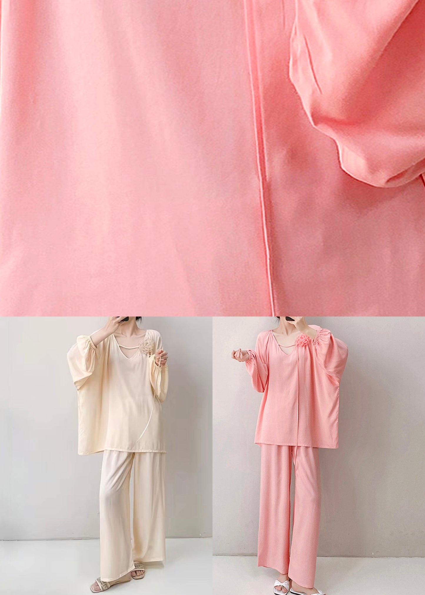 Apricot Oversized Solid Cotton Fall Pajamas Two Pieces Set V Neck
