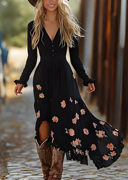 Women Black Wrinkled Print Cotton Maxi Dresses Spring