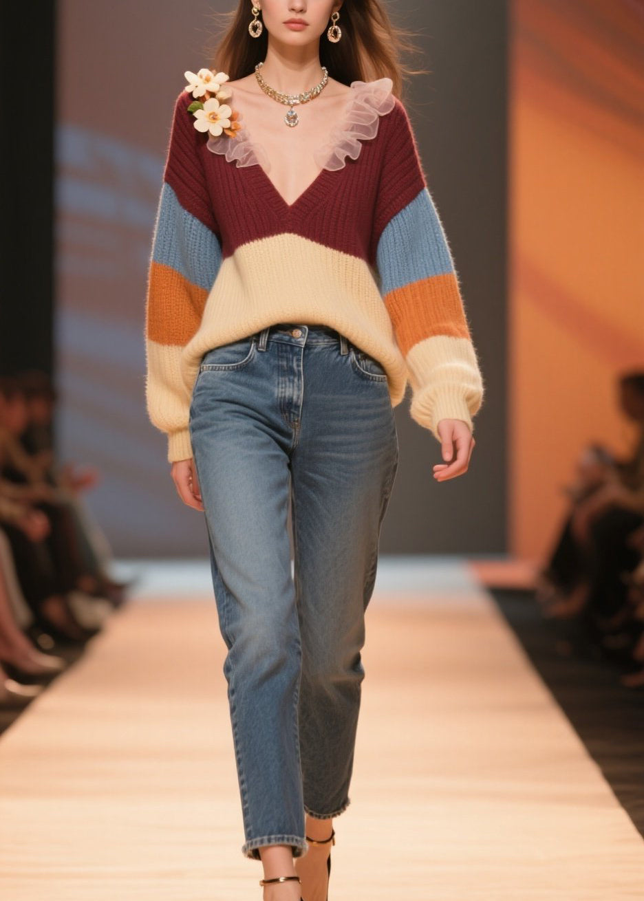 Women Colorblock V Neck Floral Knit Short Sweater Winter