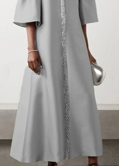 Women Grey O Neck Patchwork Cotton Long Dress Summer