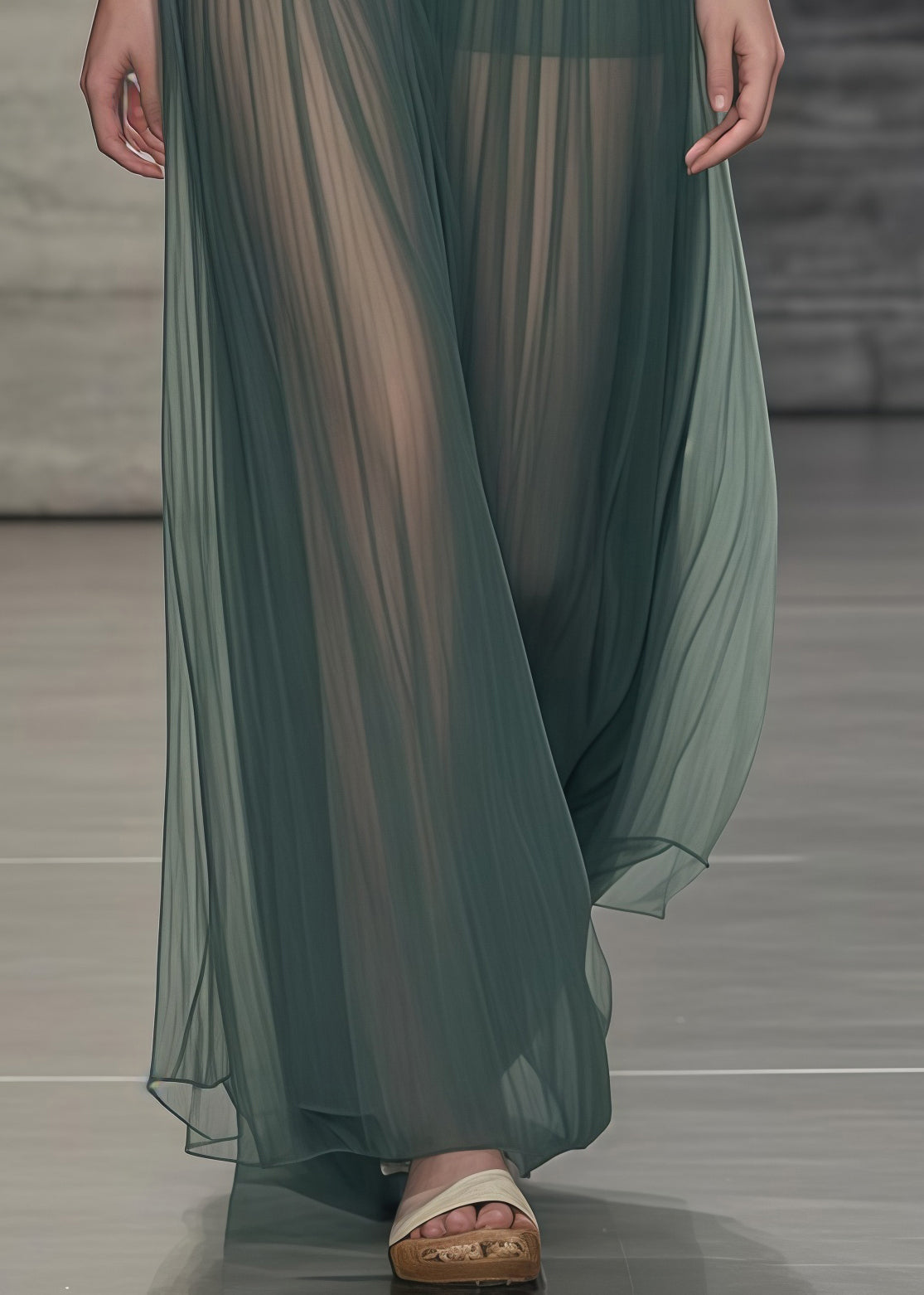 Women Tea Green Elastic Waist Tulle Pleated Skirts Summer