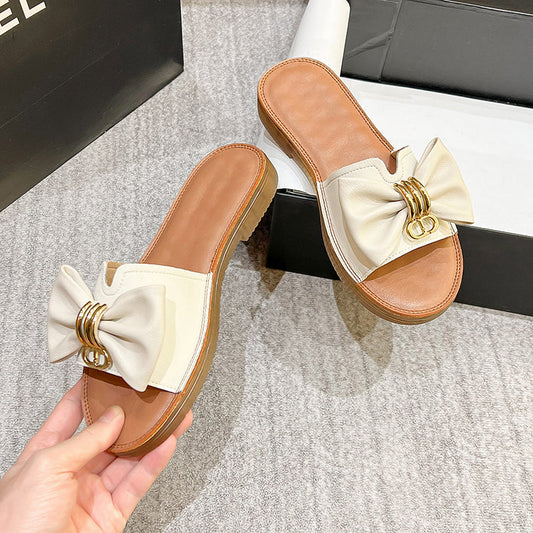 Women Summer Retro Fashion Leather Bowknot Slippers