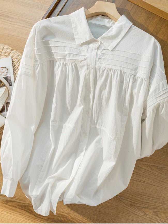 100% Natural Fabric Pleated Loose Shirt In Solid Color