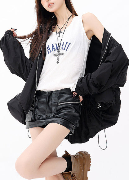 Fashion Black Ruffled Zip Up Drawstring Jacket Fall