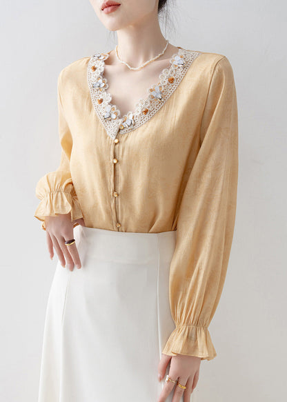 Loose Yellow Embroidered Patchwork Chiffon Blouse Tops Flare Sleeve