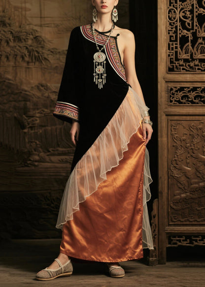 Ethnic Style Black Asymmetrical Patchwork Silk One Shoulder Dress Summer
