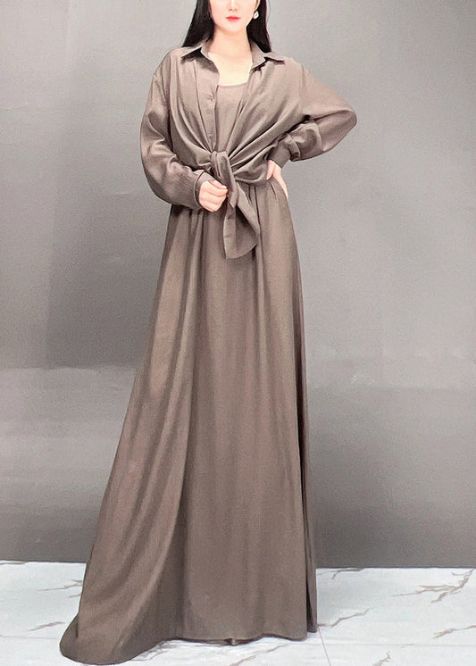 Casual Black Peter Pan Collar Solid Shirts And Maxi Skirts Two Piece Set Spring