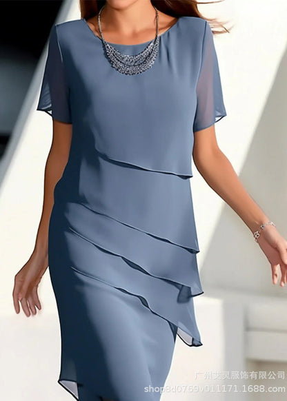 French Khaki O-Neck Layered Solid Chiffon Maxi Dresses Short Sleeve