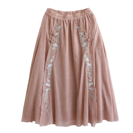 Vintage Double Cotton Linen Embroidered Buckle A-Line Skirt