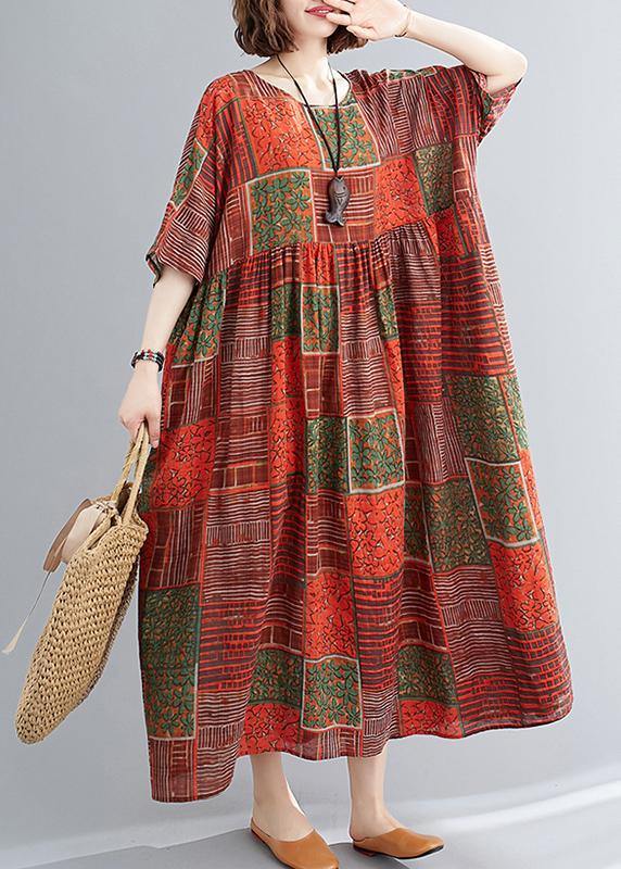 DIY orange red print cotton linen clothes o neck Extra large hem cotton robes Dresses