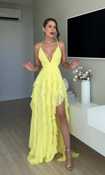 Ruffle Split Thigh Party Gown