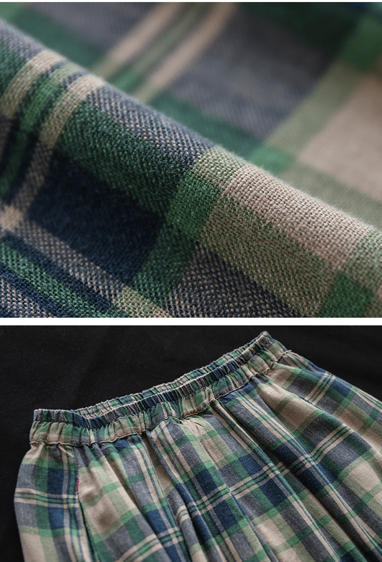 Vintage Cotton and Linen Check Elastic High Waist Plus Size A-Line Skirt