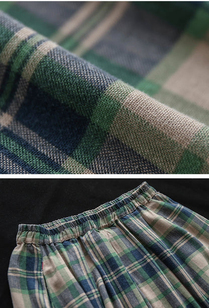 Vintage Cotton and Linen Check Elastic High Waist Plus Size A-Line Skirt