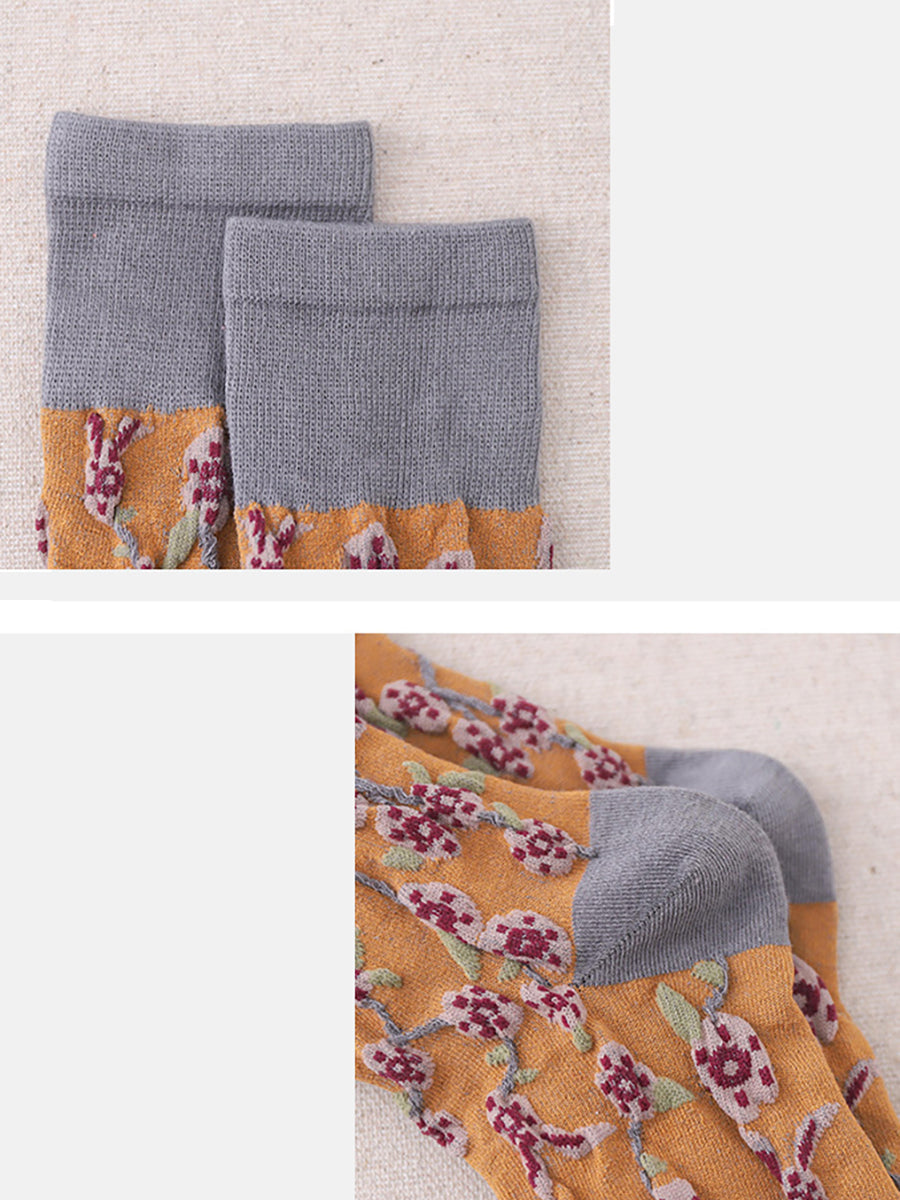 4 Pairs Cotton Vintage Floral Women Long Socks