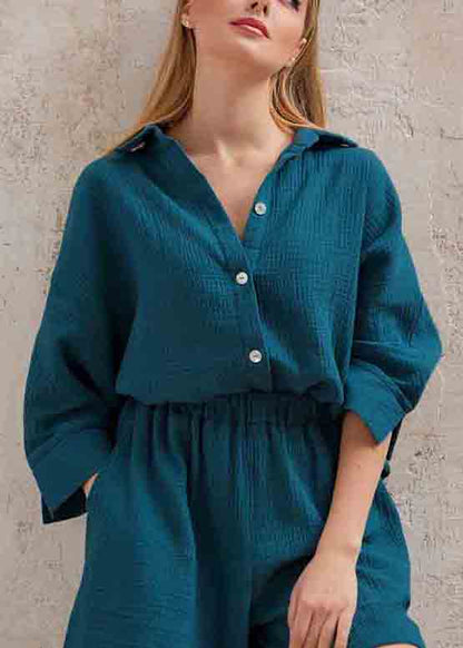 Art Solid Color Oversized Cotton Shirts And Shorts Two Pieces Set Long Sleeve