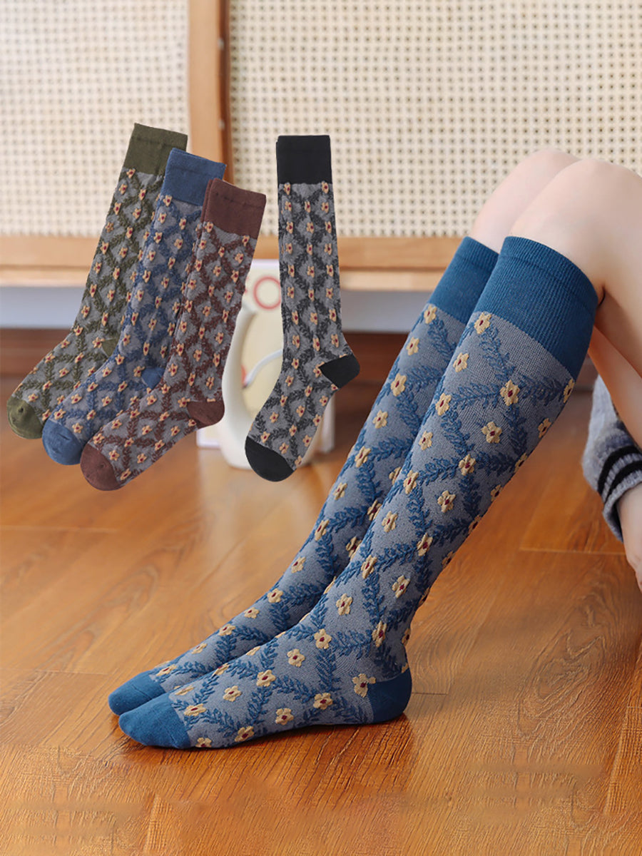4 Pairs Cotton Vintage Floral Women Long Socks