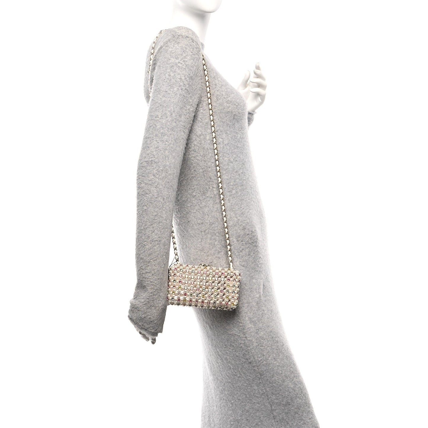 Metal Pearl Minaudiere CC Evening Bag White Gold Multicolor