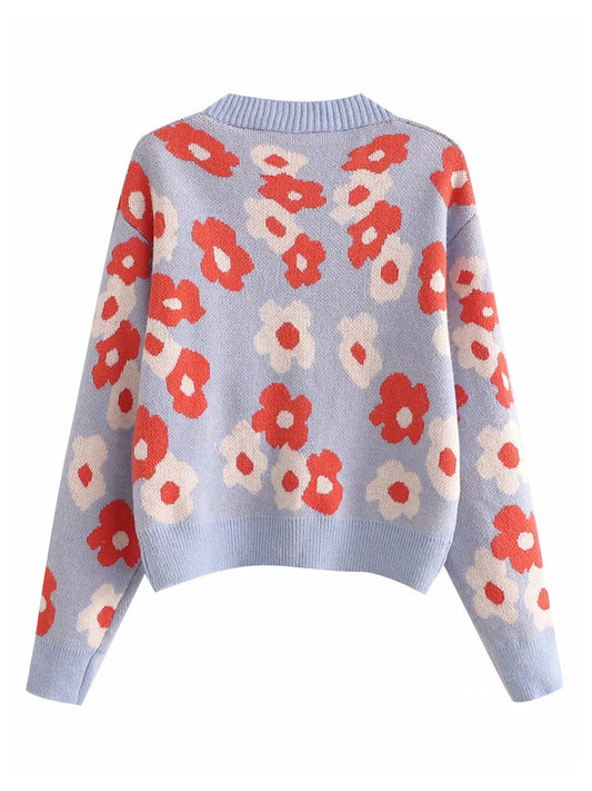 V-neck button flower jacquard loose thin knitted cardigan top