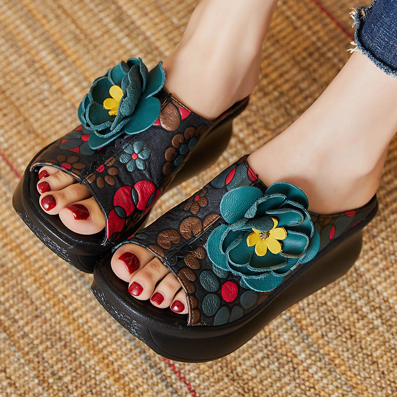 Women 2022 Leather Vintage Wedge Slippers